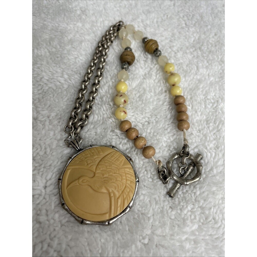 Lucky Brand Boho BIRD Talisman 22" Necklace Wood Bead Garnet Tone Pendant